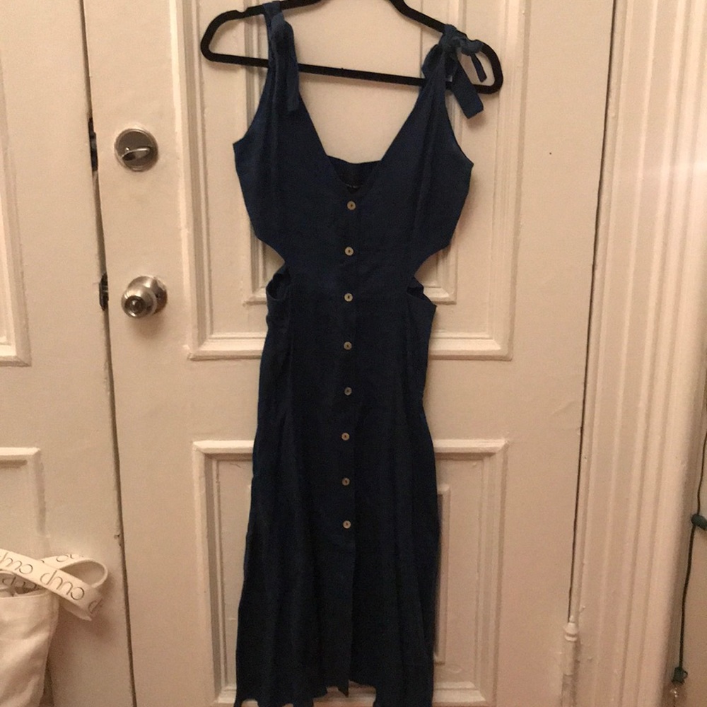 Zara Navy Blue Linen Button-Front Midi Dress with Tie Straps